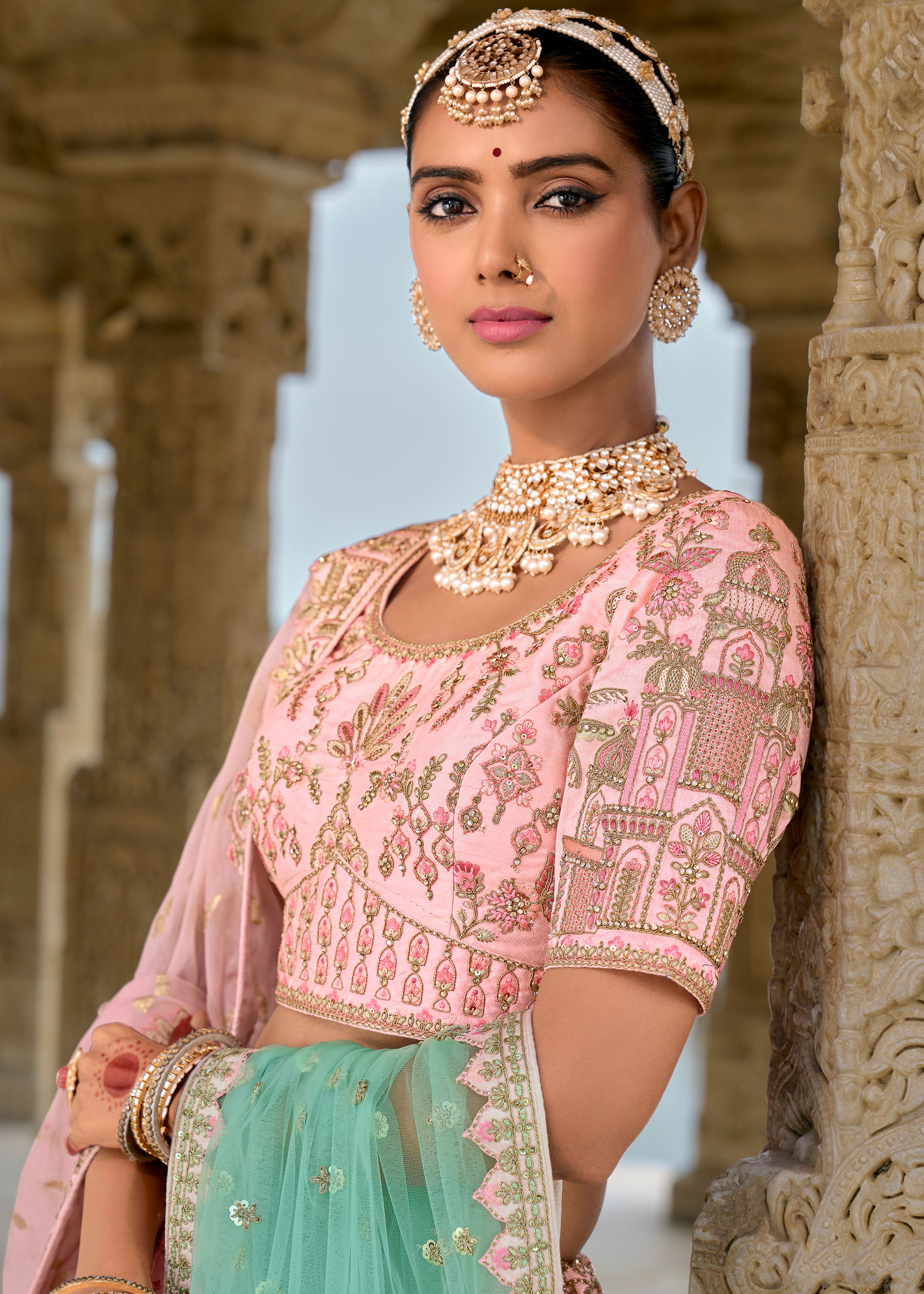 Pink Lehenga Choli With Heavy Thread Embroidery, Zari With Sequins Work