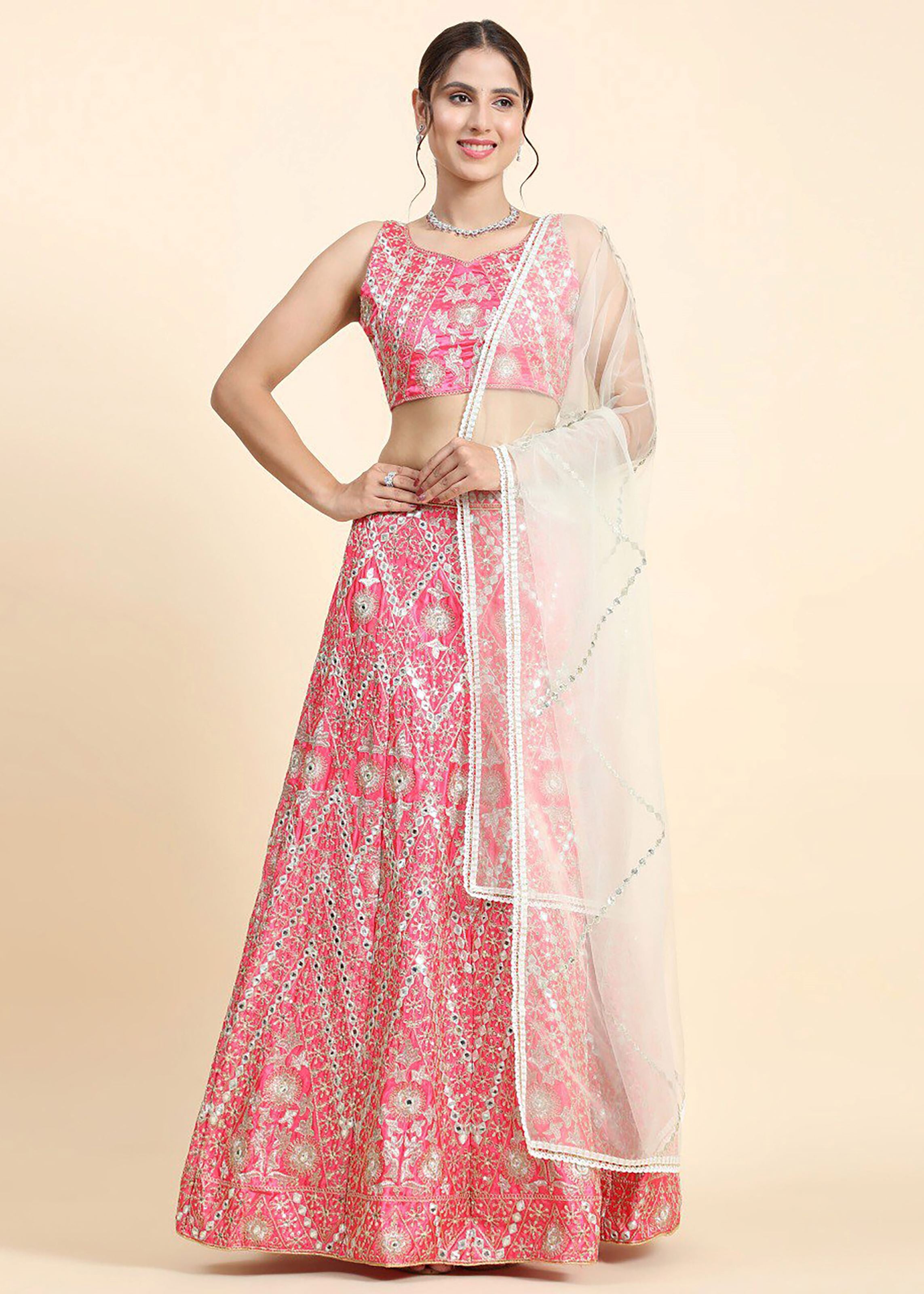 Pink Lehenga Choli With Sequins,Jari And Dori With Paper Mirror Embroidery Work