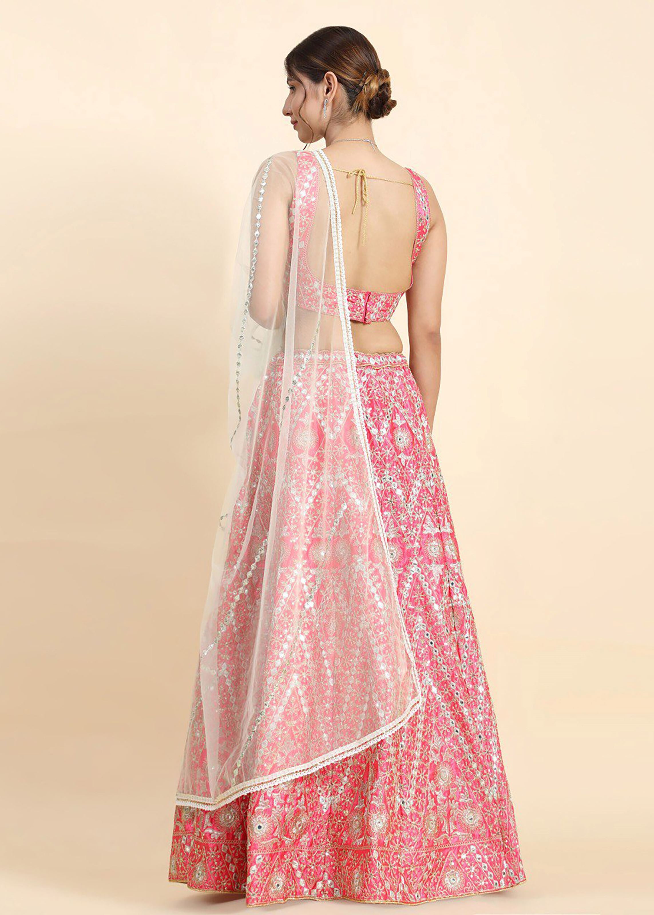 Pink Lehenga Choli With Sequins,Jari And Dori With Paper Mirror Embroidery Work