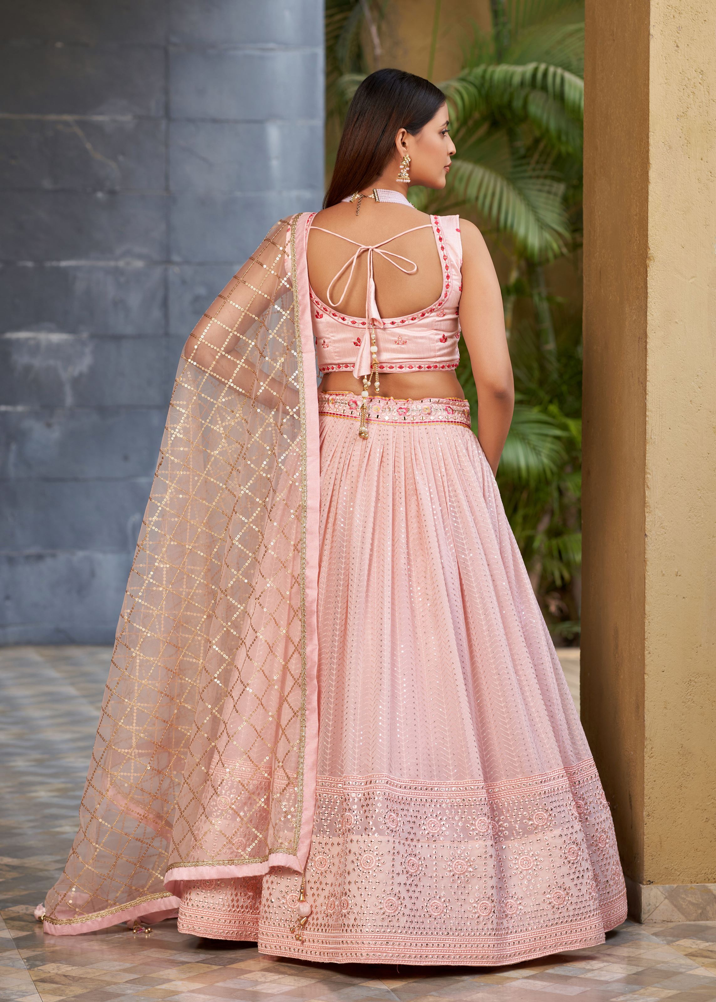 Pink Lehenga Choli With Sequins, Zari, And Multi Color Thread Embroidery With Real Mirror Work