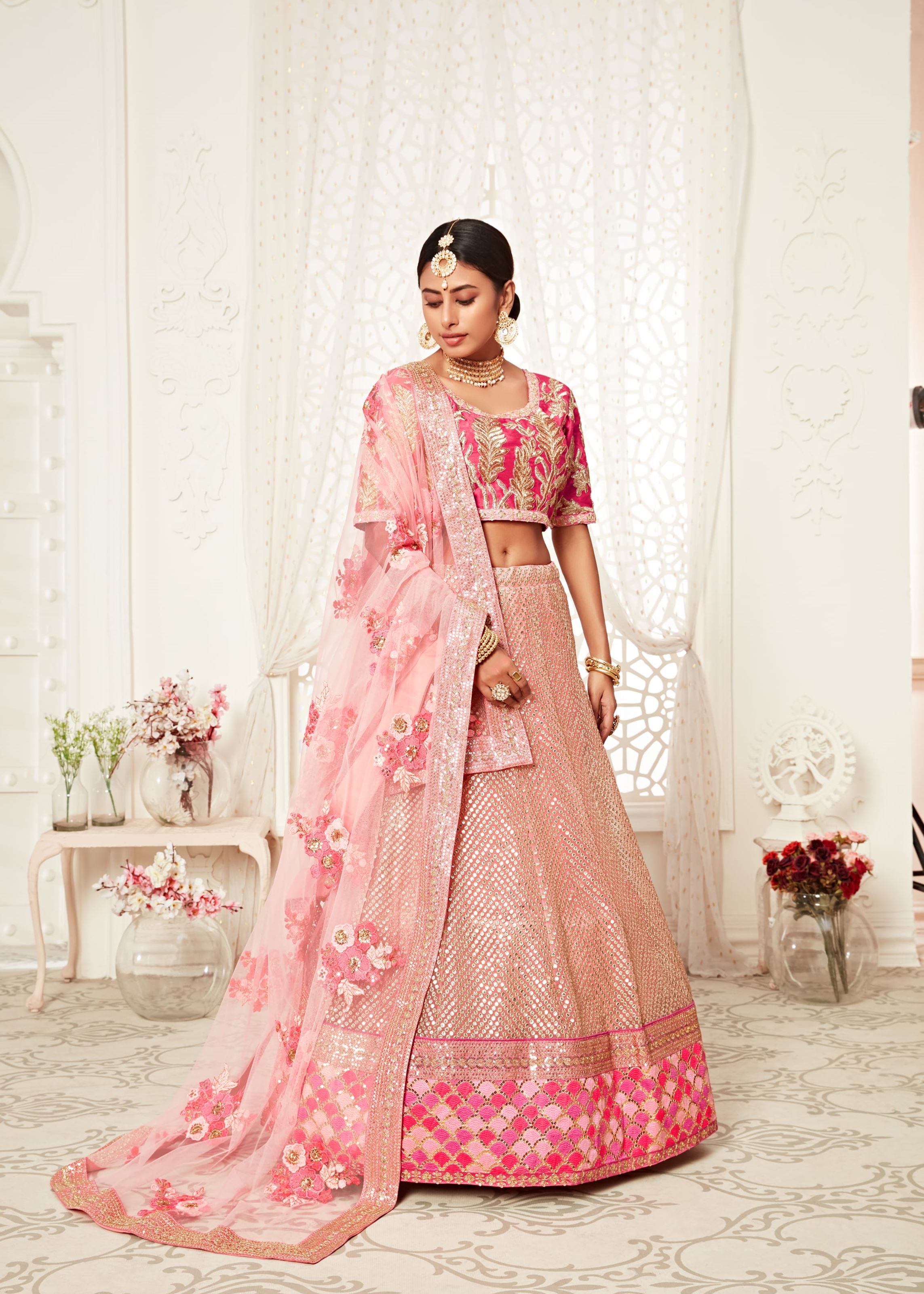 Pink Lehenga Choli With Thread, Zari, Dori And Sequins Embroidery Work