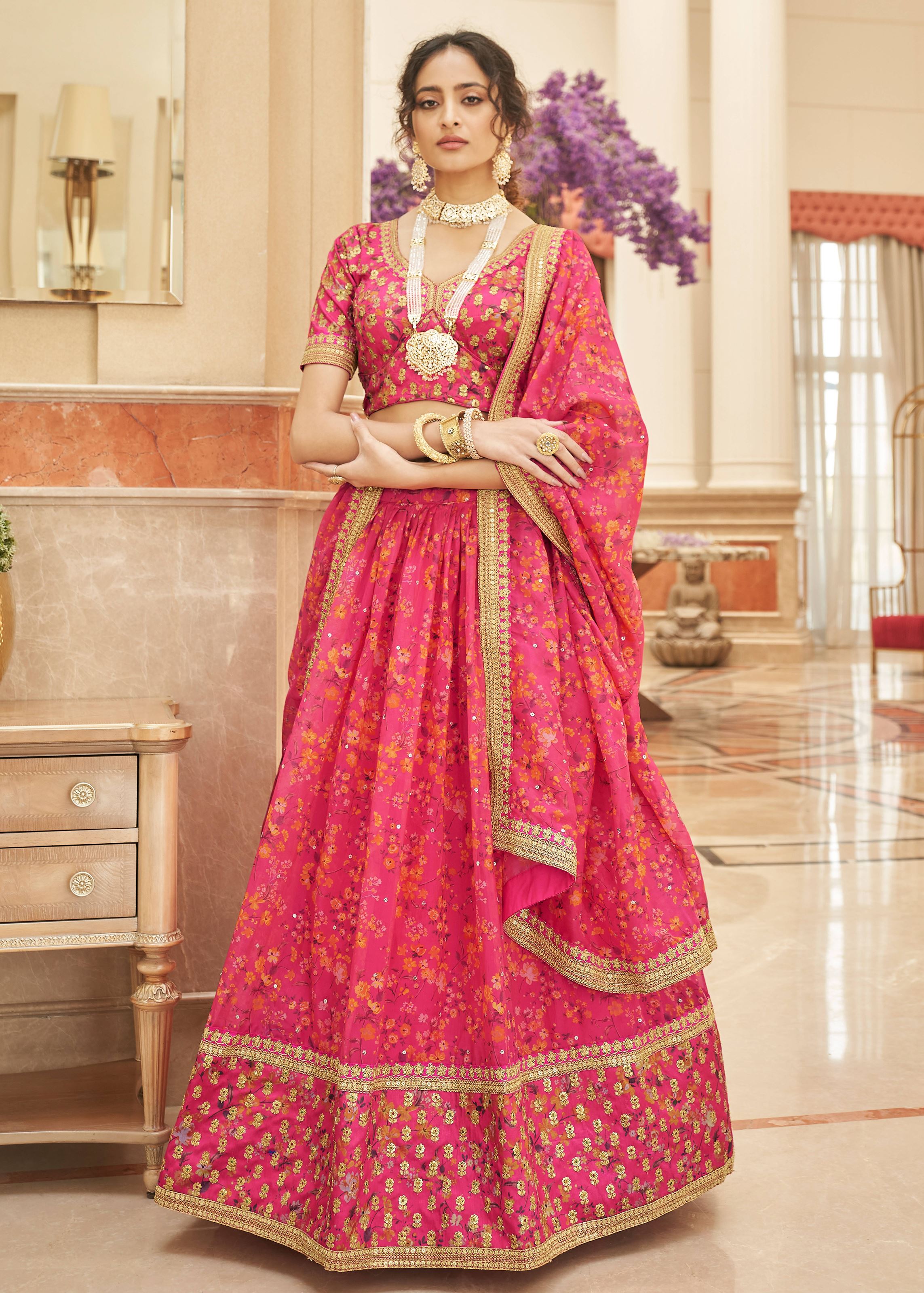 Pink Lehenga Choli With Thread, Zari, Dori And Sequins Embroidery Work