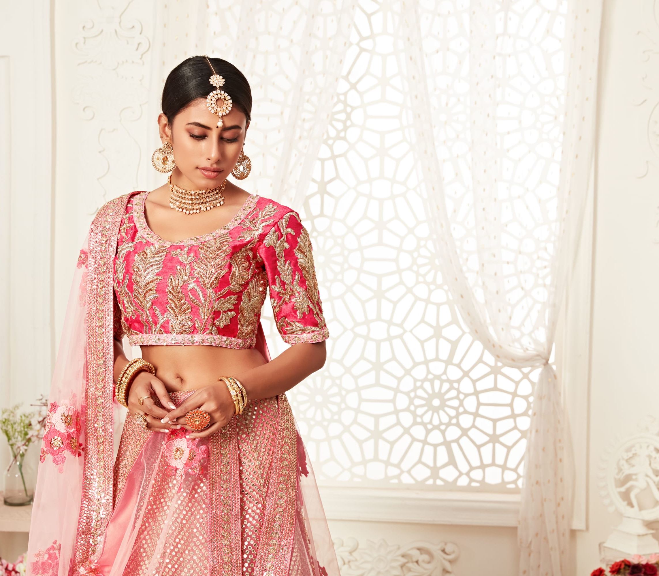 Pink Lehenga Choli With Thread, Zari, Dori And Sequins Embroidery Work