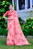Pink Linen Cotton Designer Printed Ethnic Festive Saree