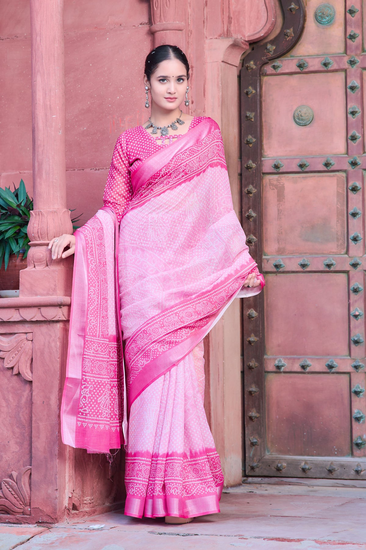 Pink Linen Cotton Designer Printed Ethnic Festive Saree