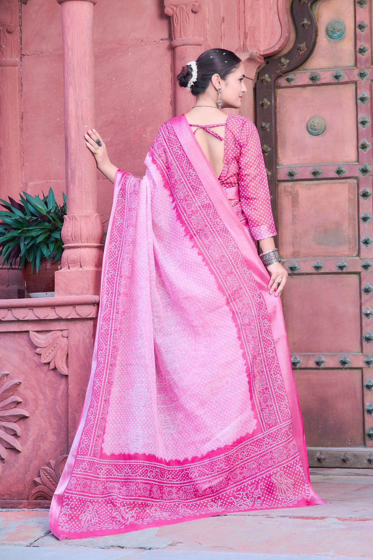 Pink Linen Cotton Designer Printed Ethnic Festive Saree