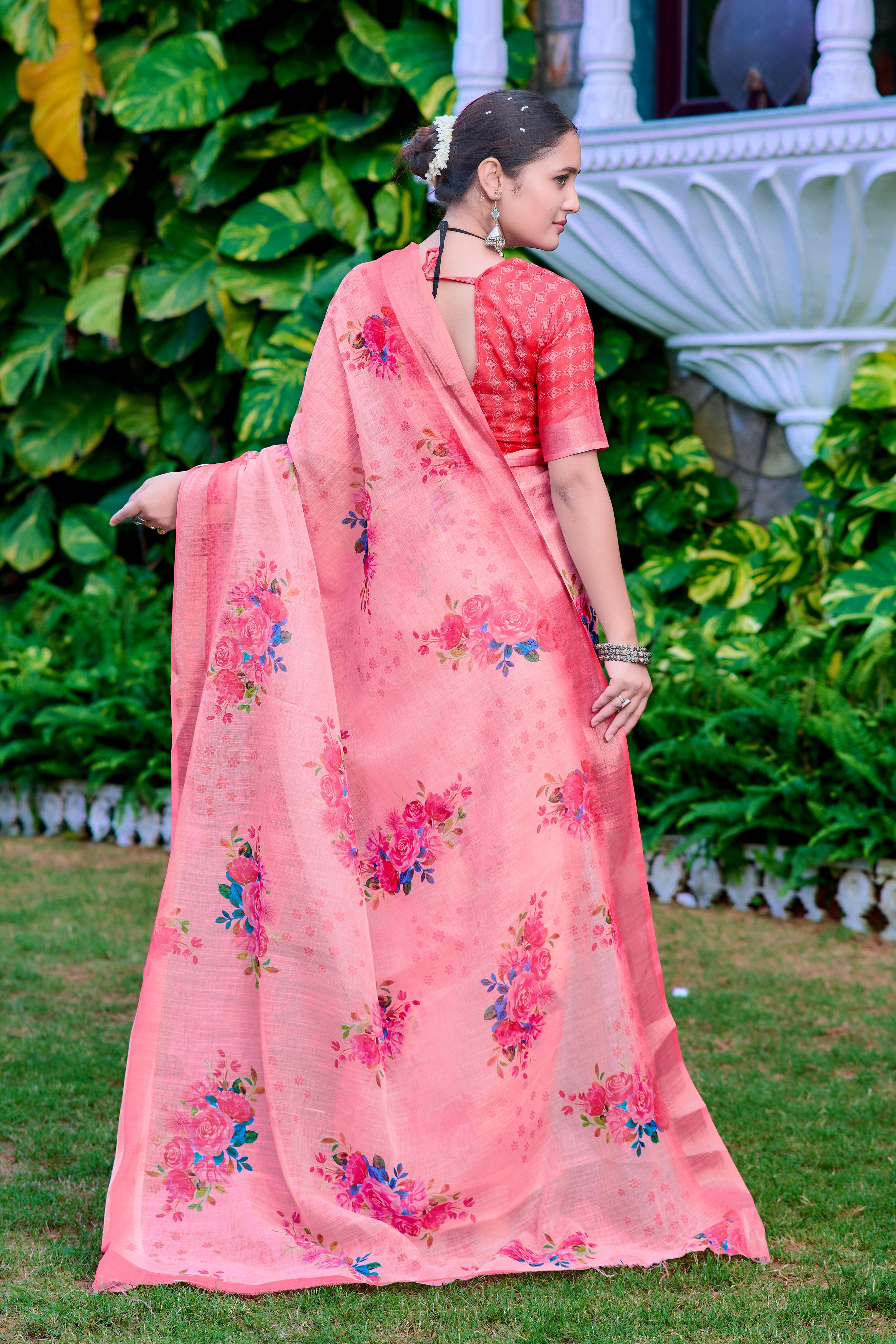 Pink Linen Cotton Designer Printed Ethnic Festive Saree
