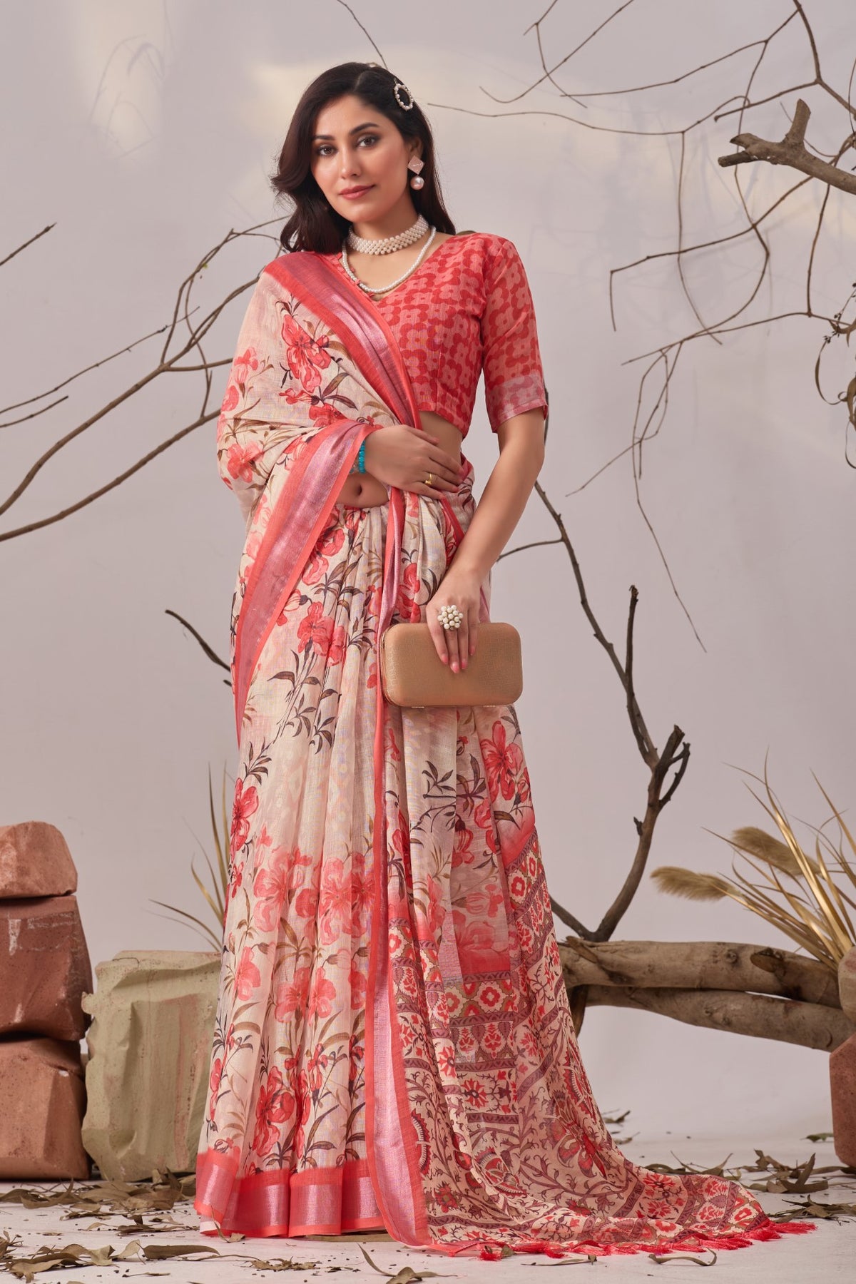 Pink Linen Cotton Saree with Digital Print
