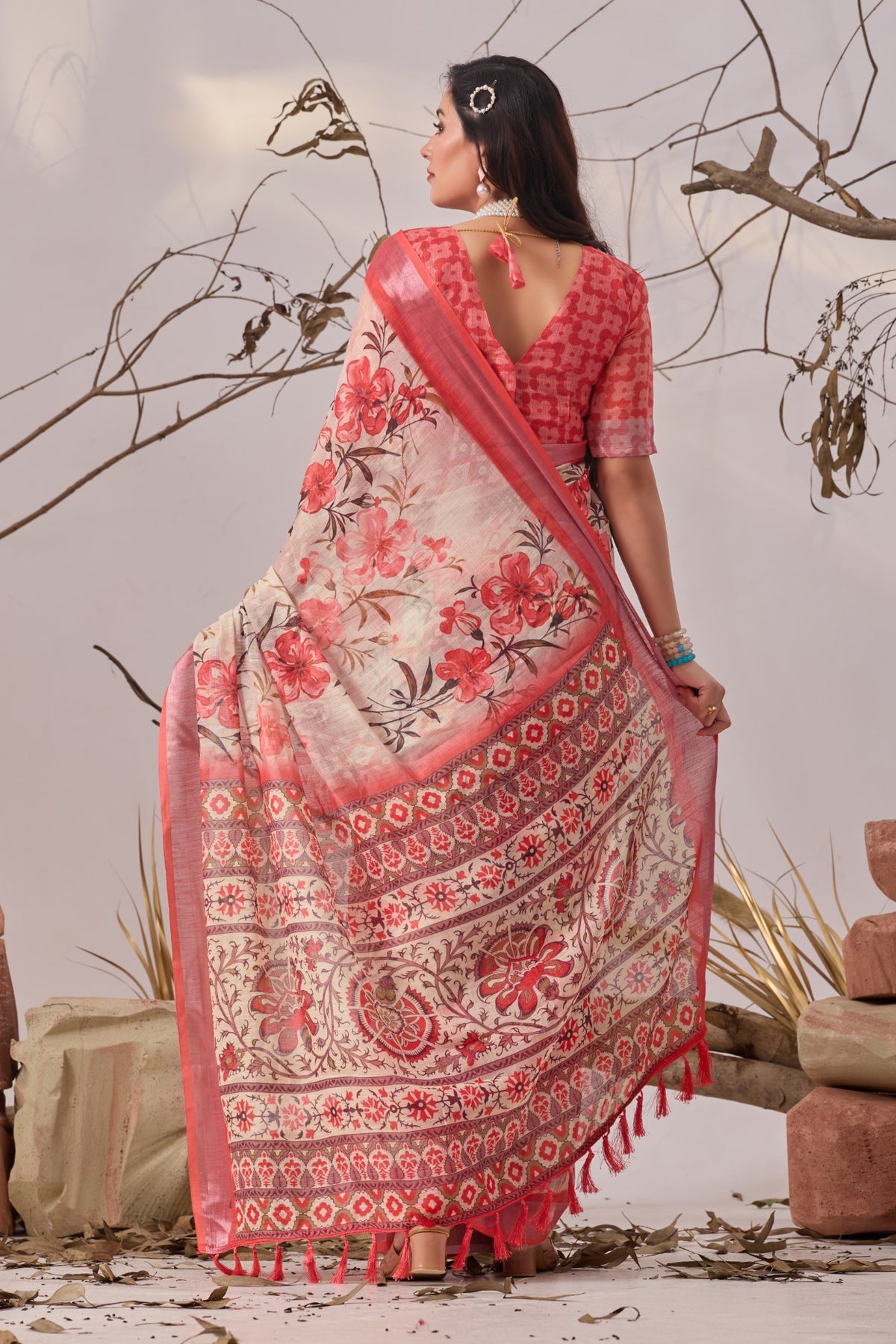 Pink Linen Cotton Saree with Digital Print