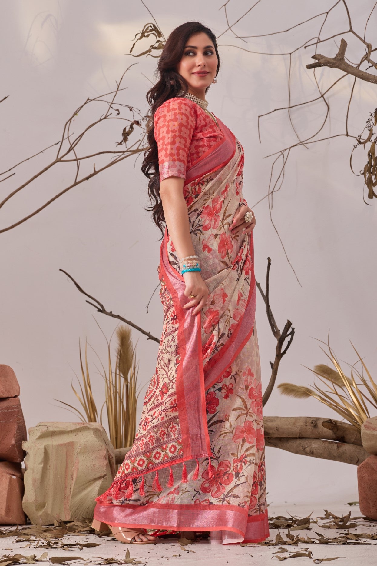 Pink Linen Cotton Saree with Digital Print