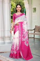 Pink Linen Cotton Woven Border Designer Printed Saree