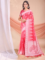 Pink Linen Cotton Woven Jacquard Designer Beautiful Partywear Saree