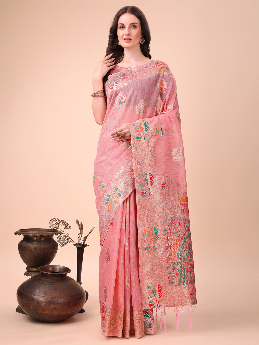 Pink Linen Cotton Woven Jacquard Designer Ethnic Festive Wear Saree