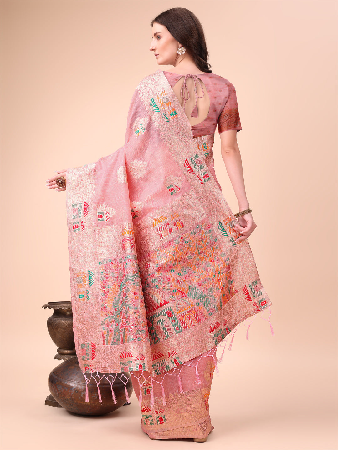 Pink Linen Cotton Woven Jacquard Designer Ethnic Festive Wear Saree