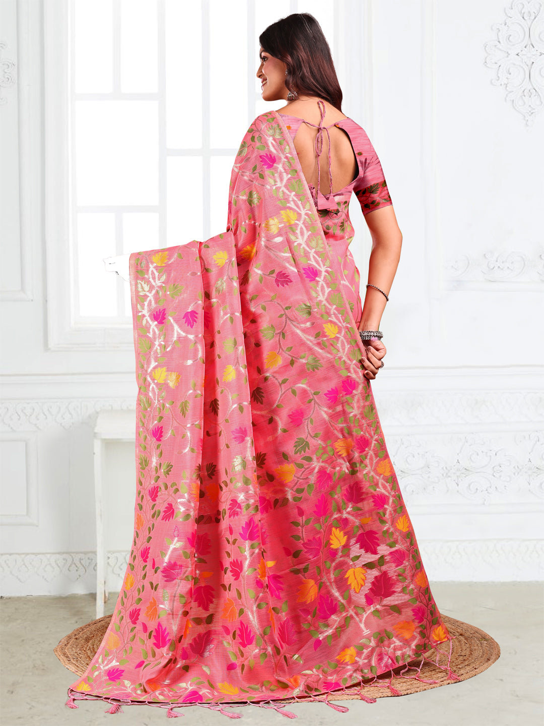 Pink Linen Cotton Woven Jacquard Designer Fancy Saree