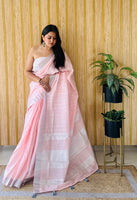 Pink Linen Partywear Woven Saree For Sophisticated Rich Looks