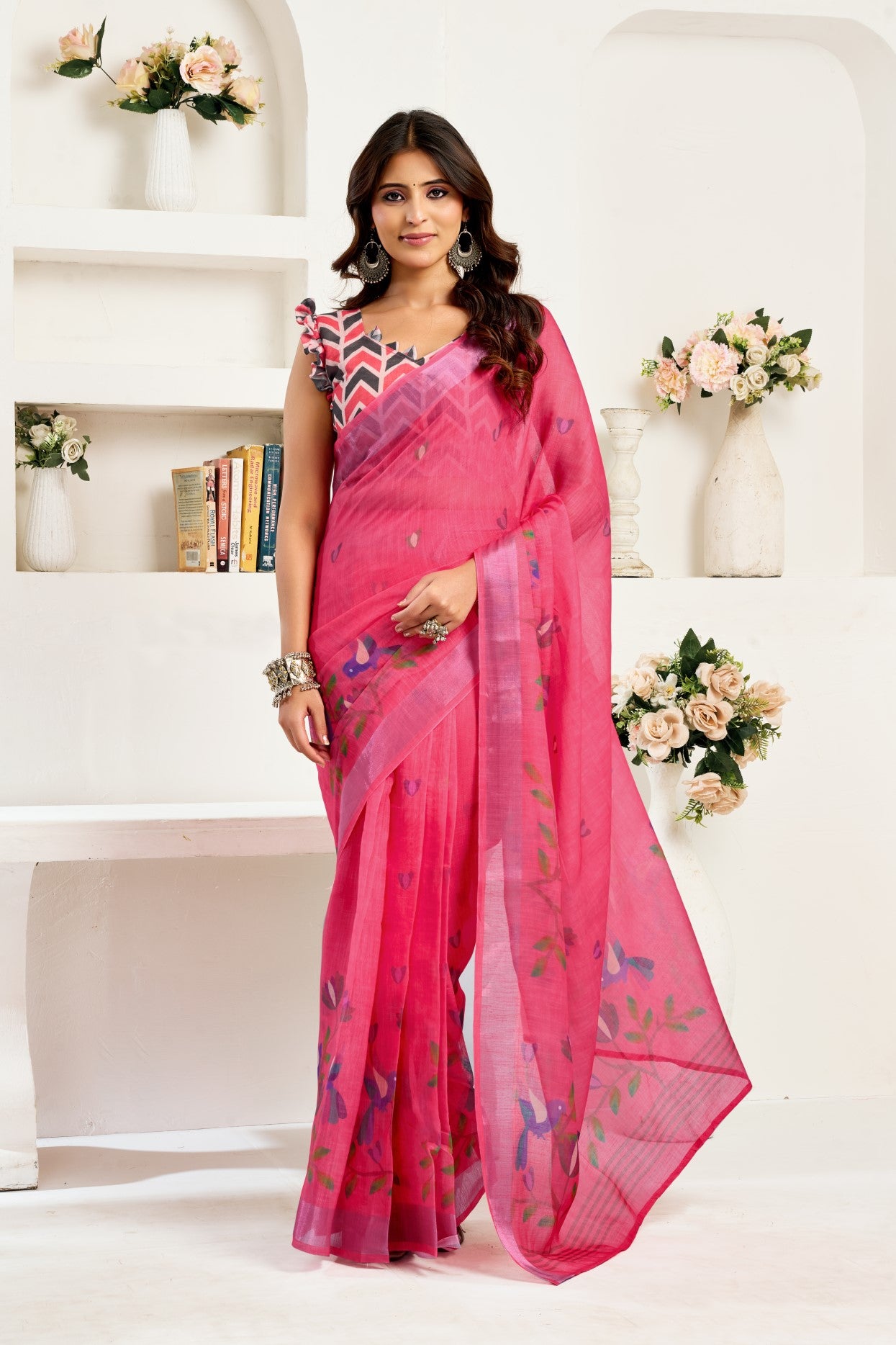 Pink Linen Ready To Wear Saree With Zari Border Printed