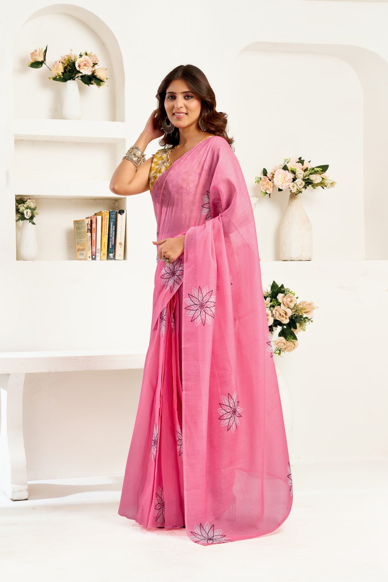 Pink Linen Ready To Wear Saree With Zari Border Printed