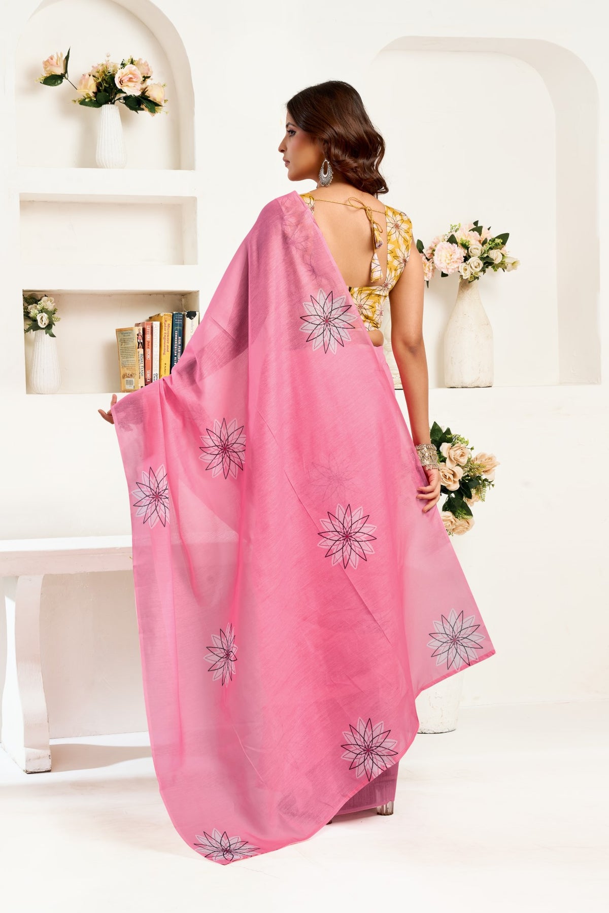 Pink Linen Ready To Wear Saree With Zari Border Printed