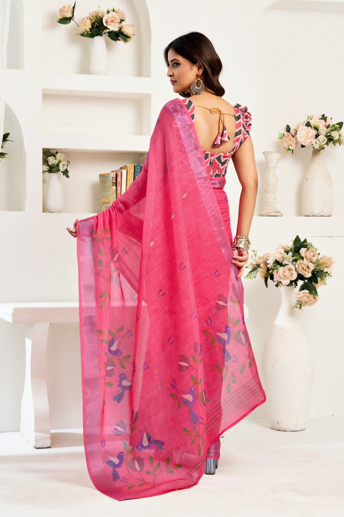 Pink Linen Ready To Wear Saree With Zari Border Printed