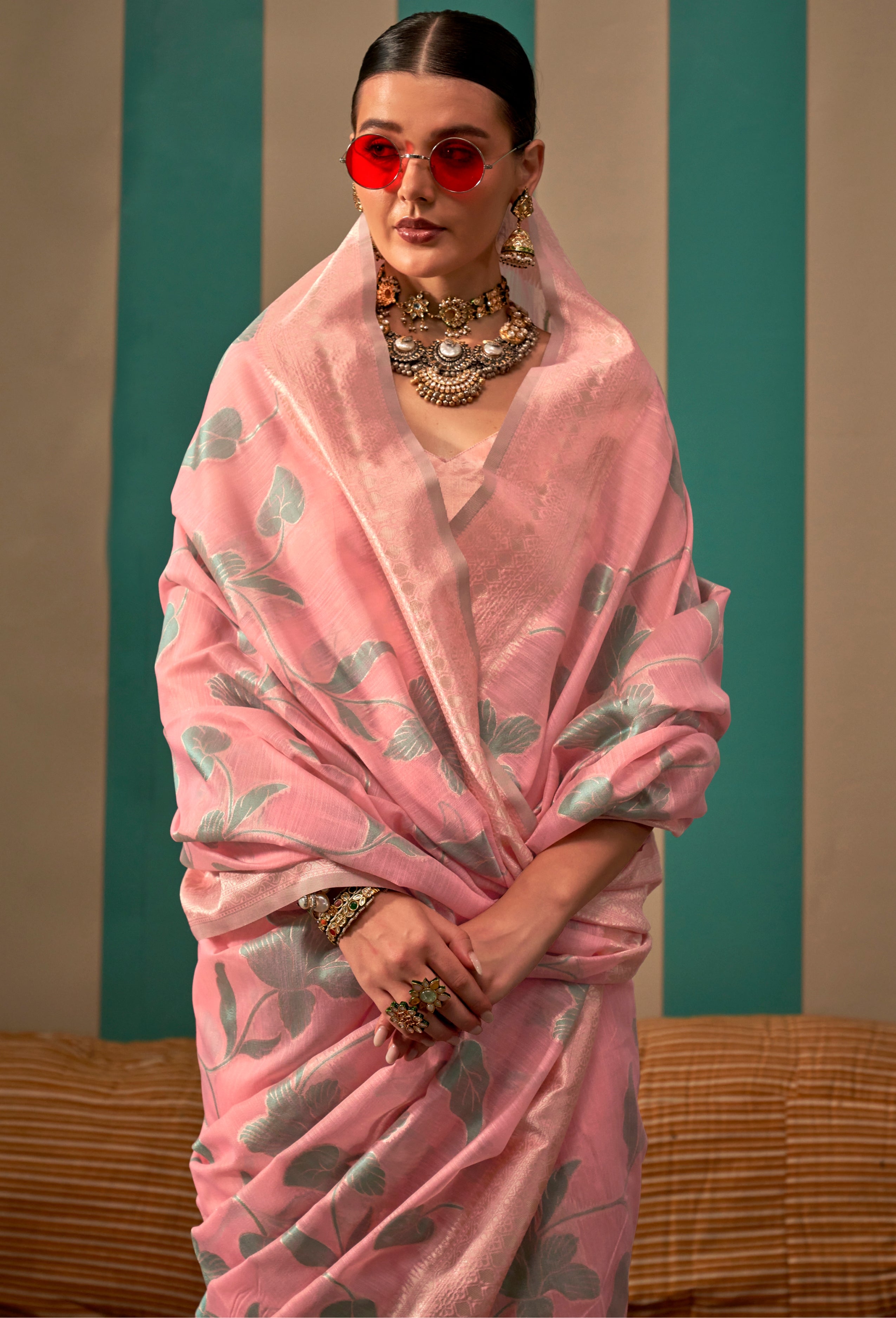 Pink Linen Saree With  Jacquard Woven Work