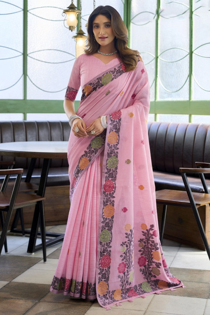 Pink Linen Saree with Designer Jacquard Woven Elegance