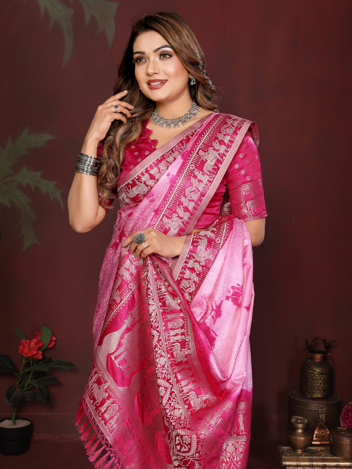 Pink Magenta Soft Satin Silk Saree With Designer Sibory Zari Weaving