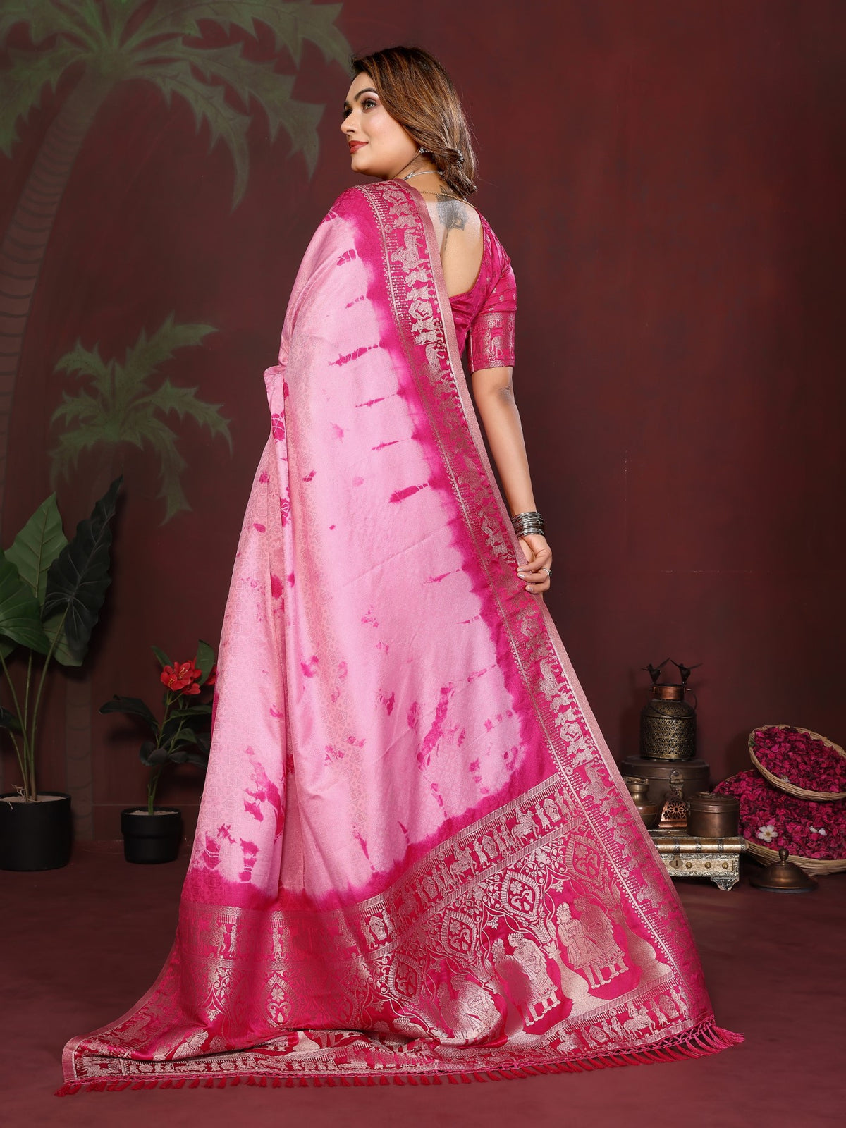Pink Magenta Soft Satin Silk Saree With Designer Sibory Zari Weaving