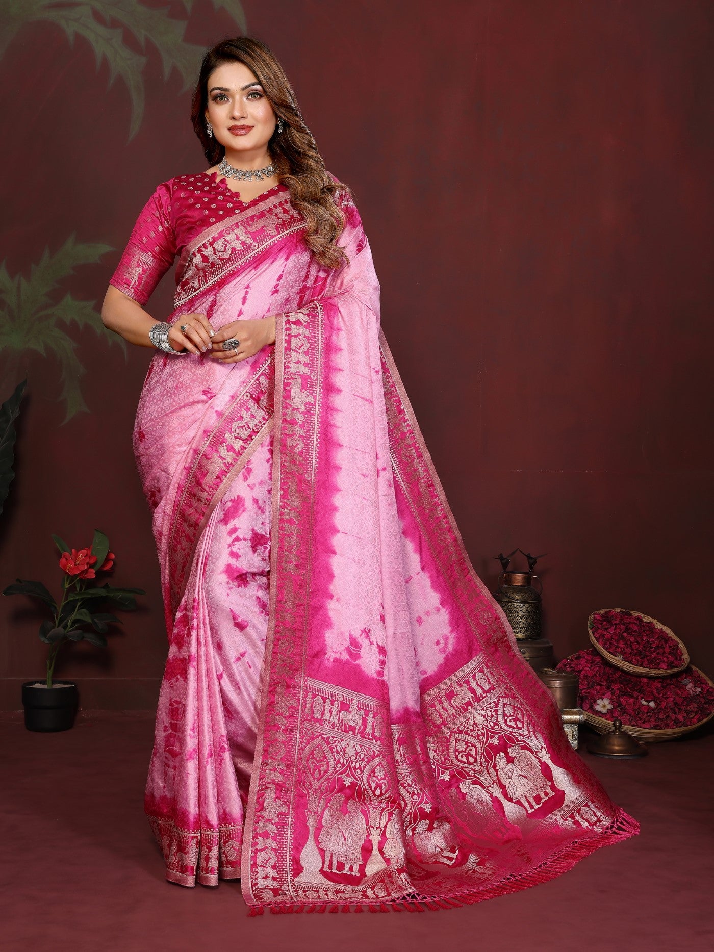 Pink Magenta Soft Satin Silk Saree With Designer Sibory Zari Weaving