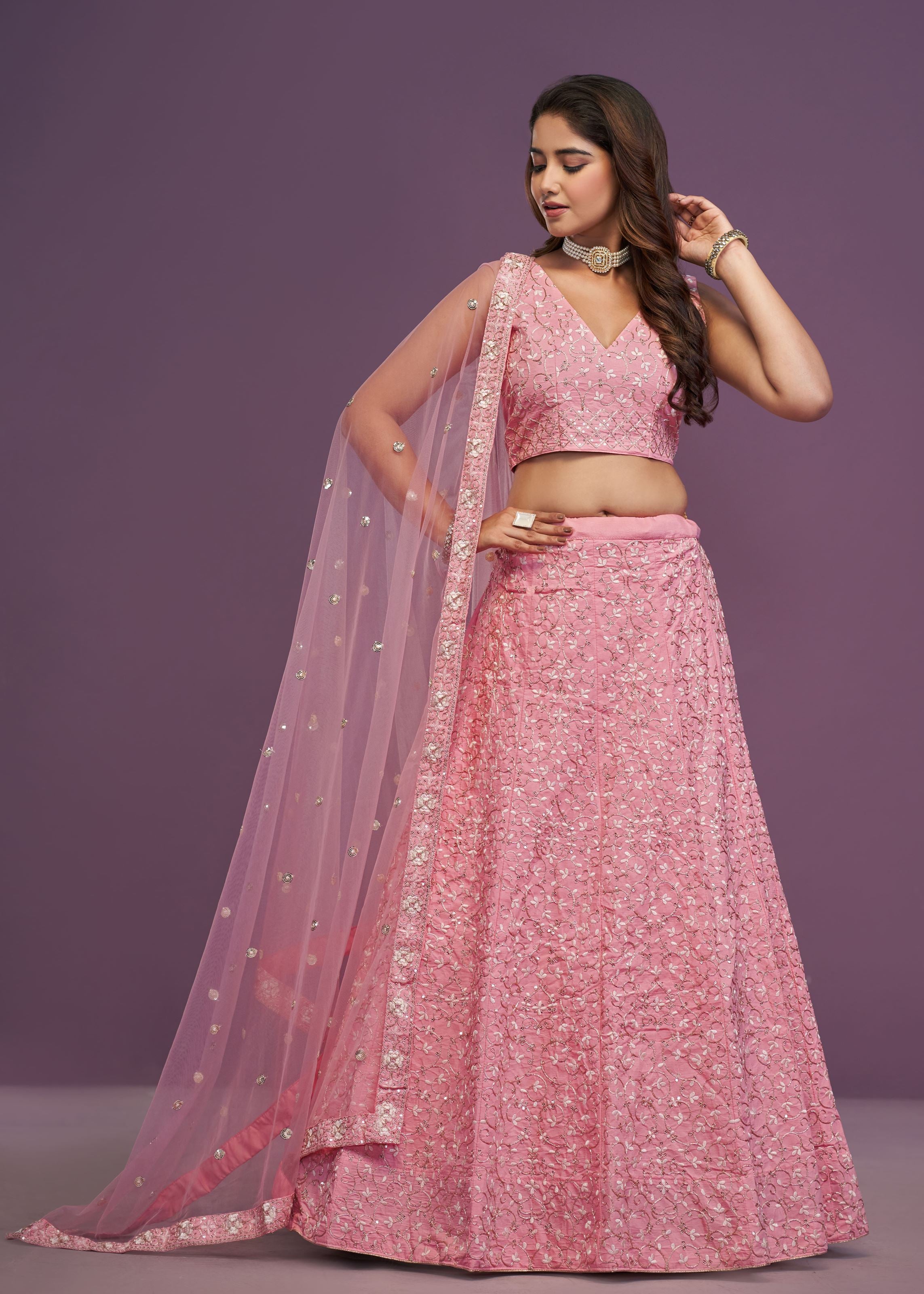 Pink Malai Silk Zari,Sequence Embroidery Work Lehenga Choli