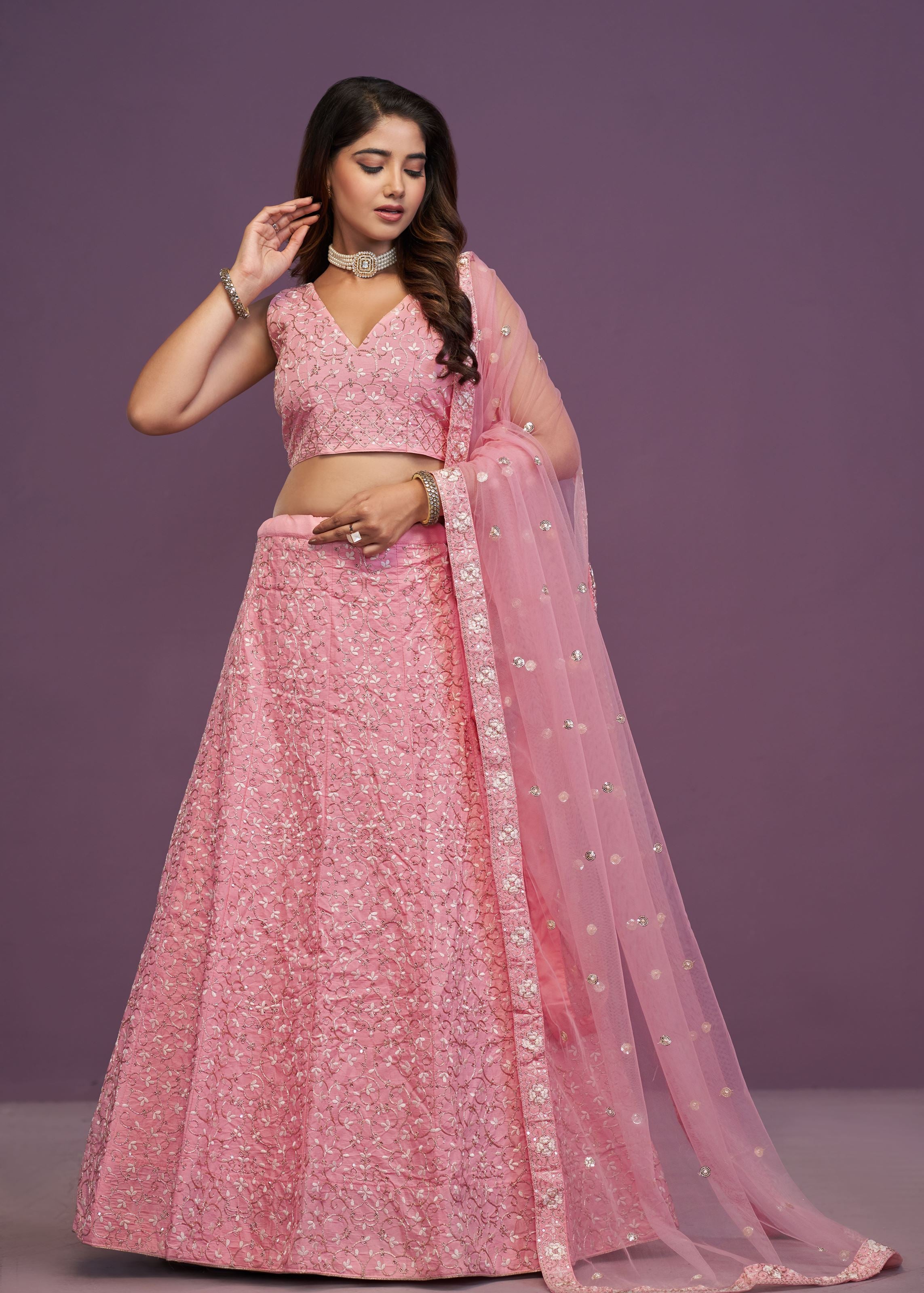 Pink Malai Silk Zari,Sequence Embroidery Work Lehenga Choli