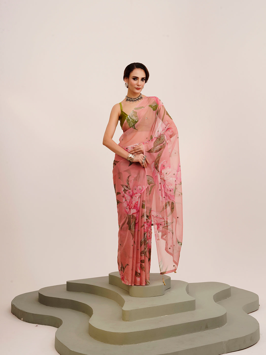 Pink Mirror Work Floral Organza Saree For Beautiful Partywear Saree