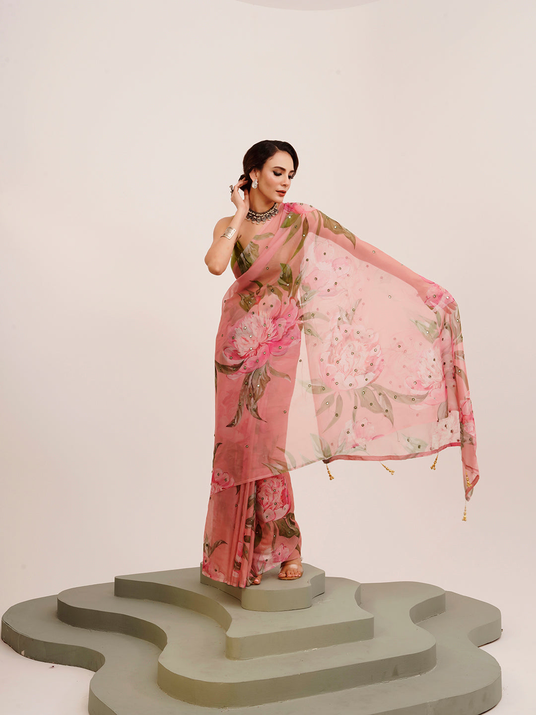 Pink Mirror Work Floral Organza Saree For Beautiful Partywear Saree