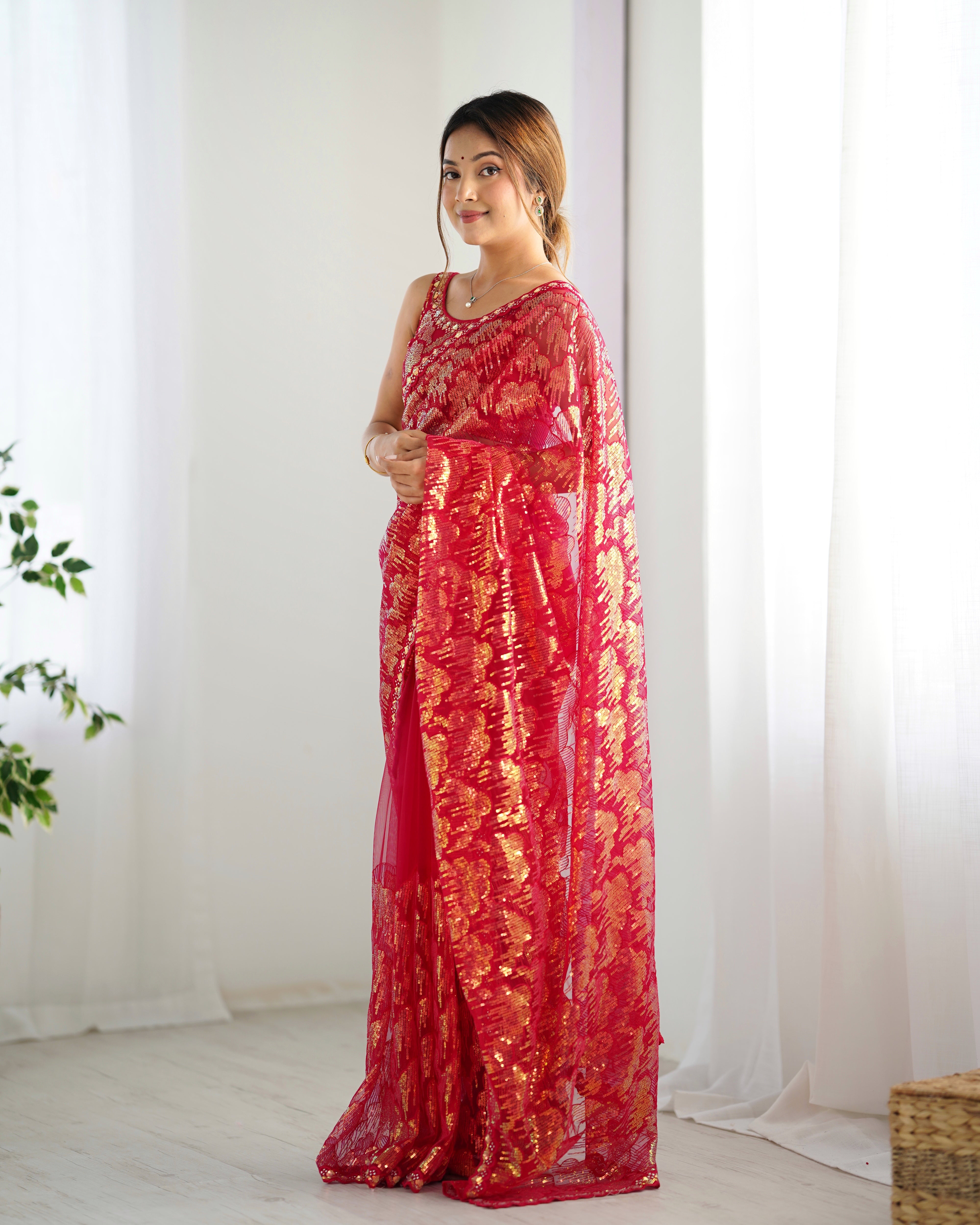 Pink Mono Net Beautiful Bollywood Saree With Designer Sequins Work