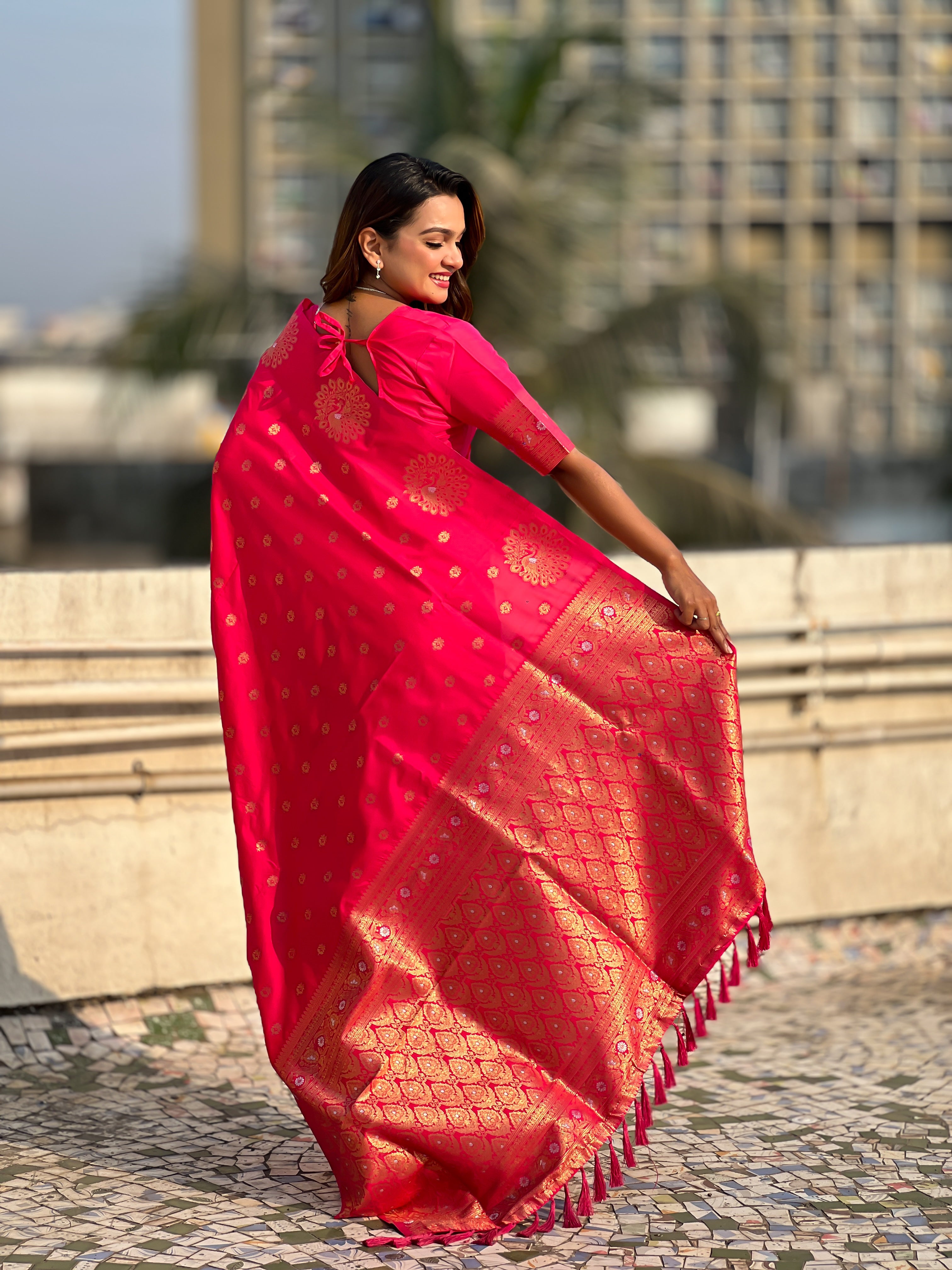 Pink Moonga Silk Woven Dual Jari Peacock Designer Heavy Festive Wear Saree