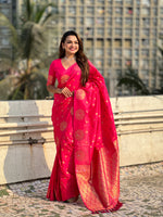 Pink Moonga Silk Woven Dual Jari Peacock Designer Heavy Festive Wear Saree