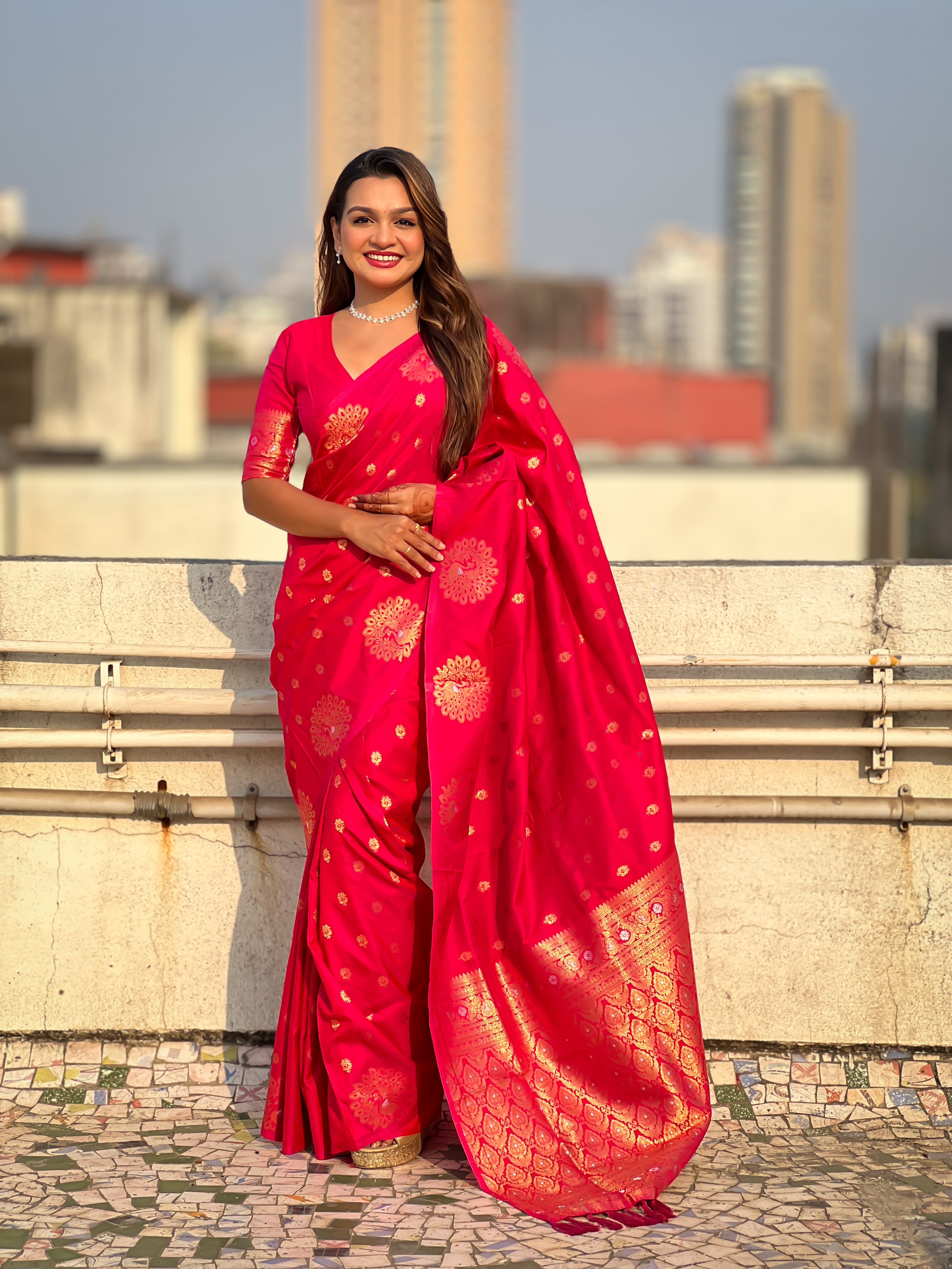 Pink Moonga Silk Woven Dual Jari Peacock Designer Heavy Festive Wear Saree