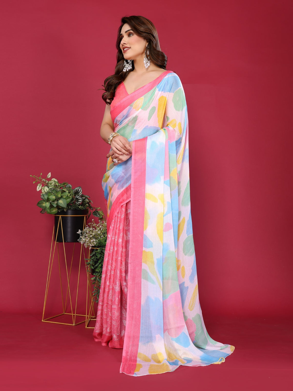 Pink Moss Chiffon Saree With Elegant Printed Design