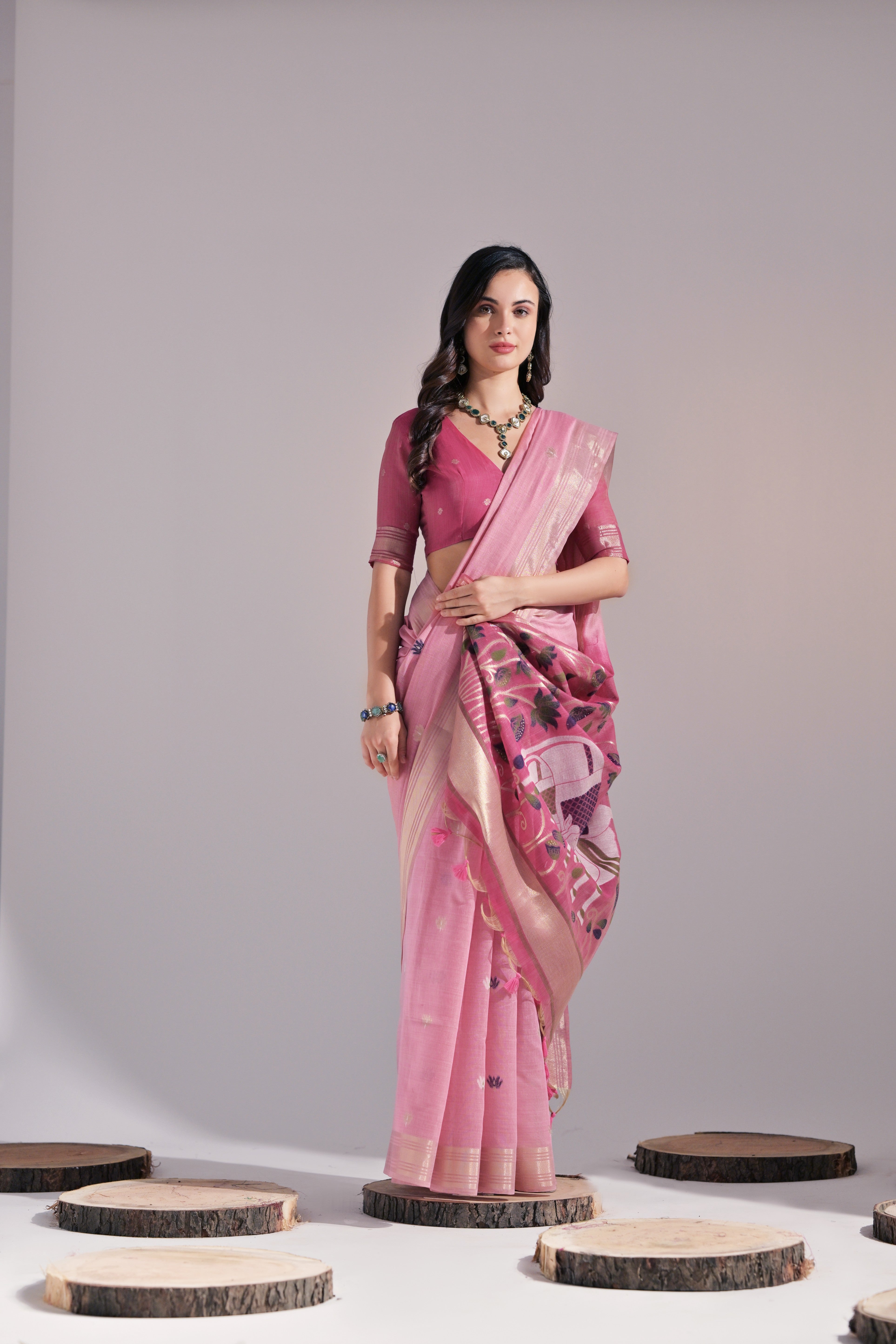 Pink Muga Cotton Saree with Cow Design and Butti Weaves