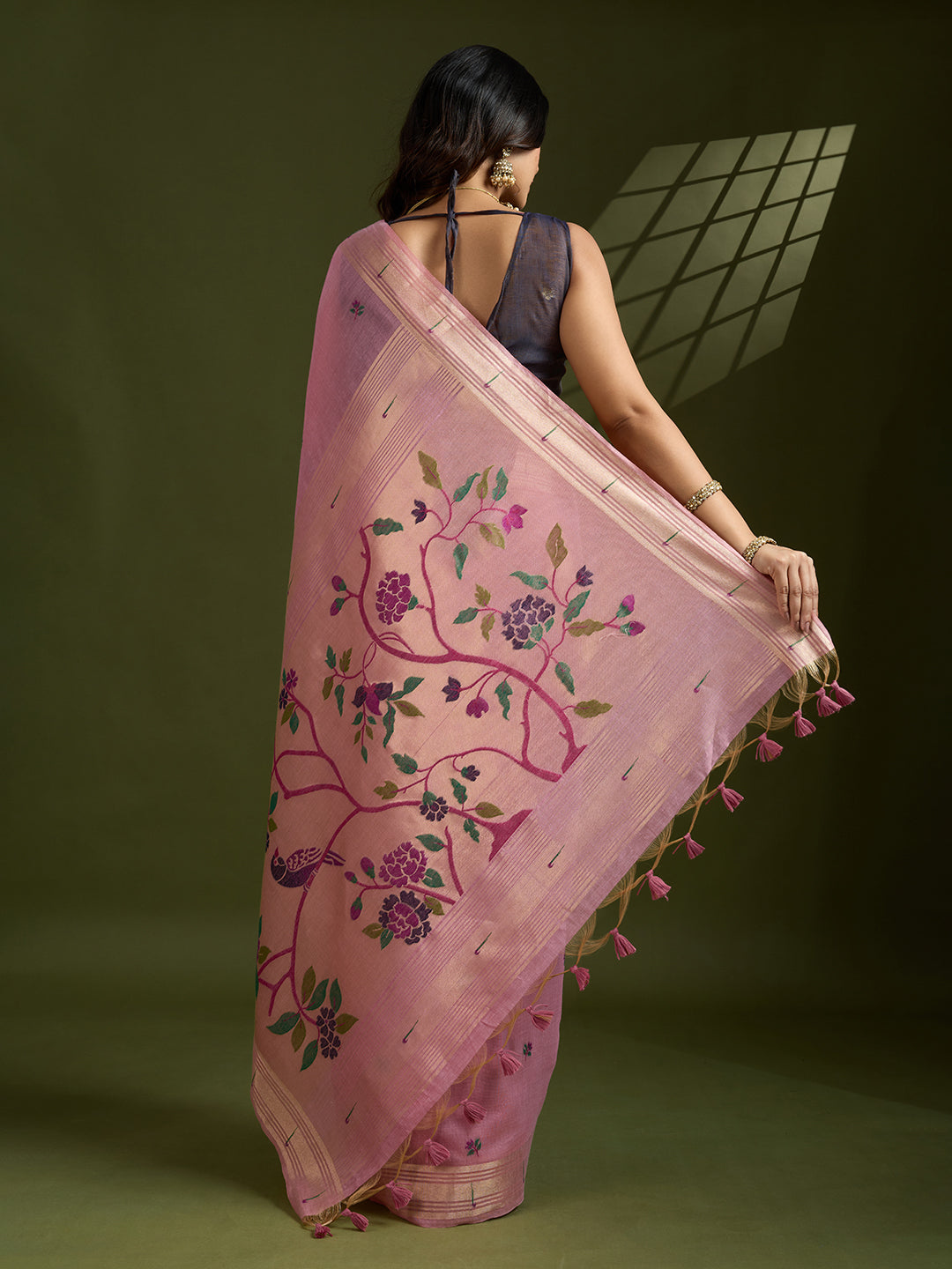 Pink Muga Cotton Saree with Flower Butti and Paithani Pallu