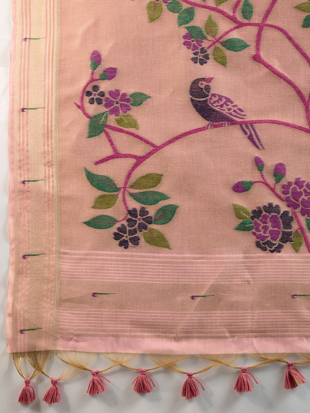 Pink Muga Cotton Saree with Flower Butti and Paithani Pallu