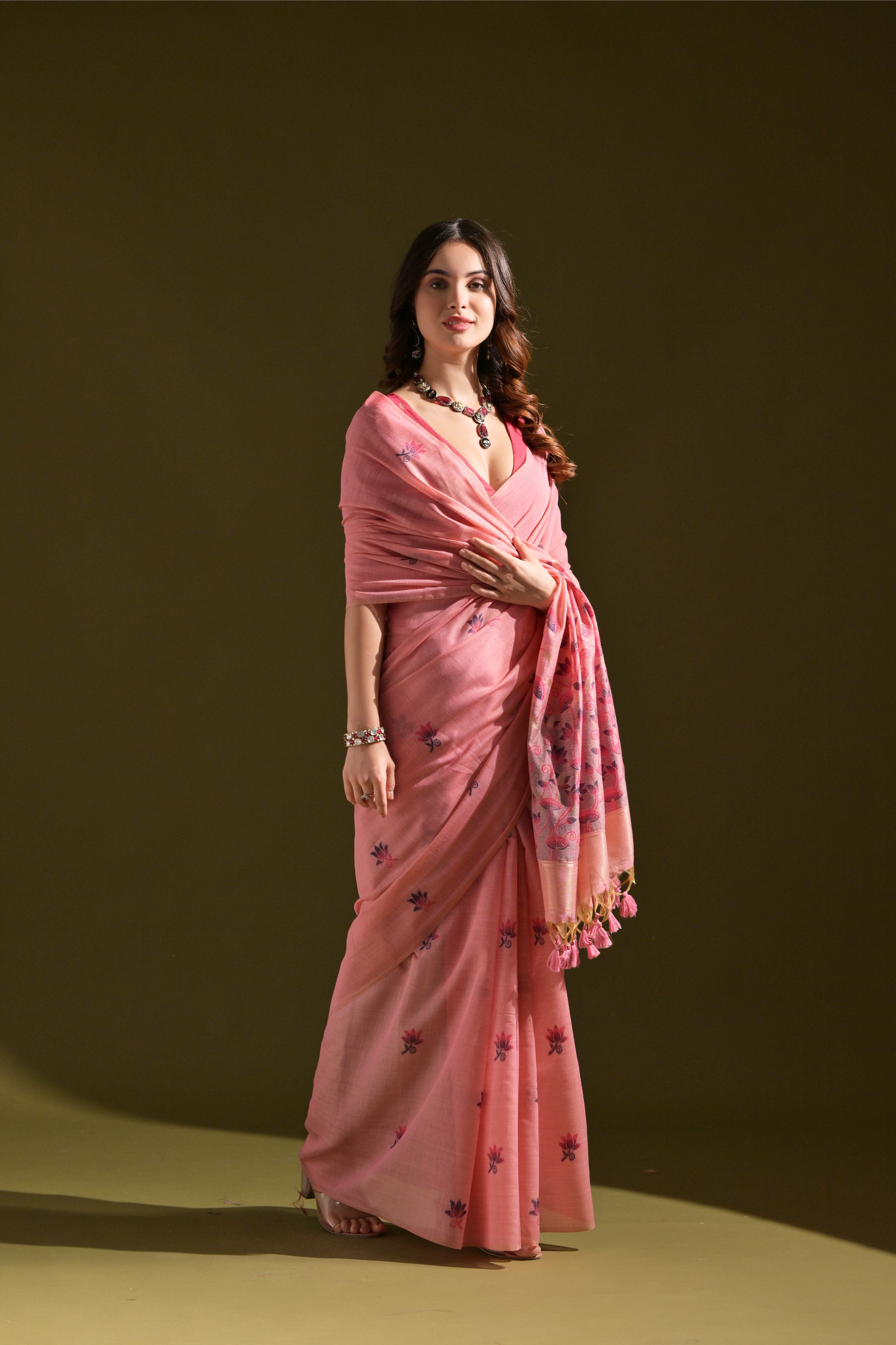 Pink Muga Cotton Saree with Lotus Thread Design