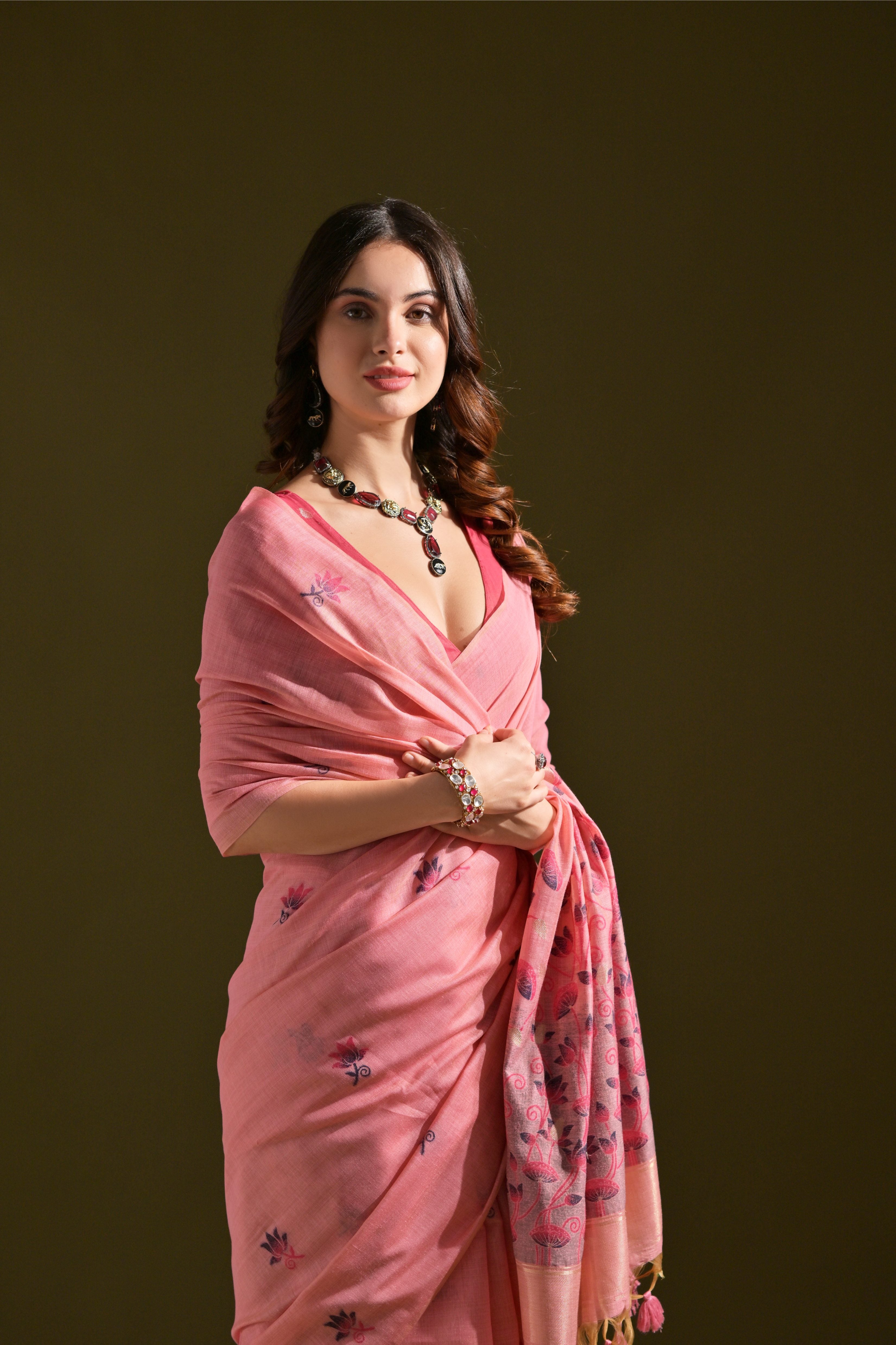 Pink Muga Cotton Saree with Lotus Thread Design