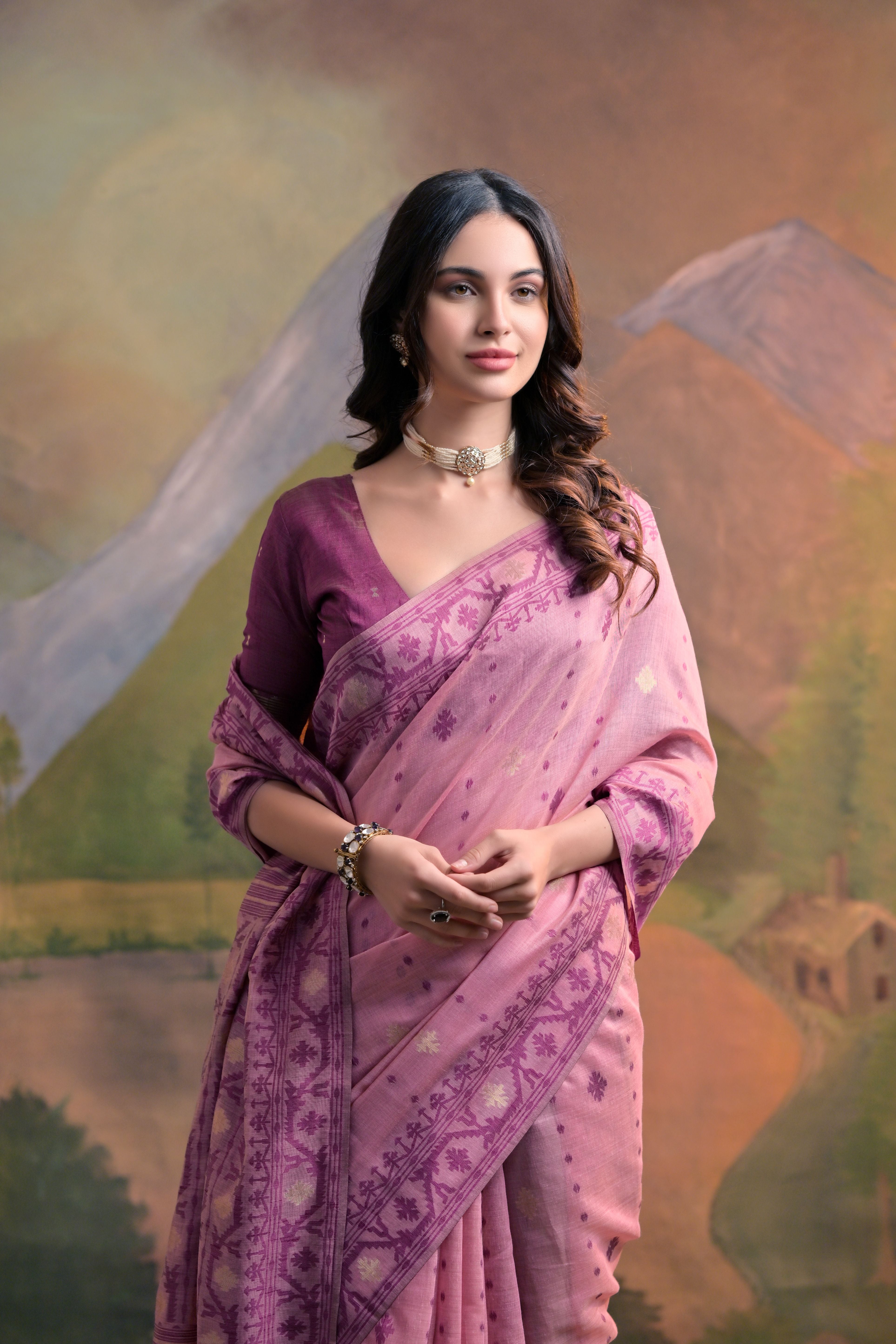 Pink Muga Cotton Saree with Thread Butti Weaves