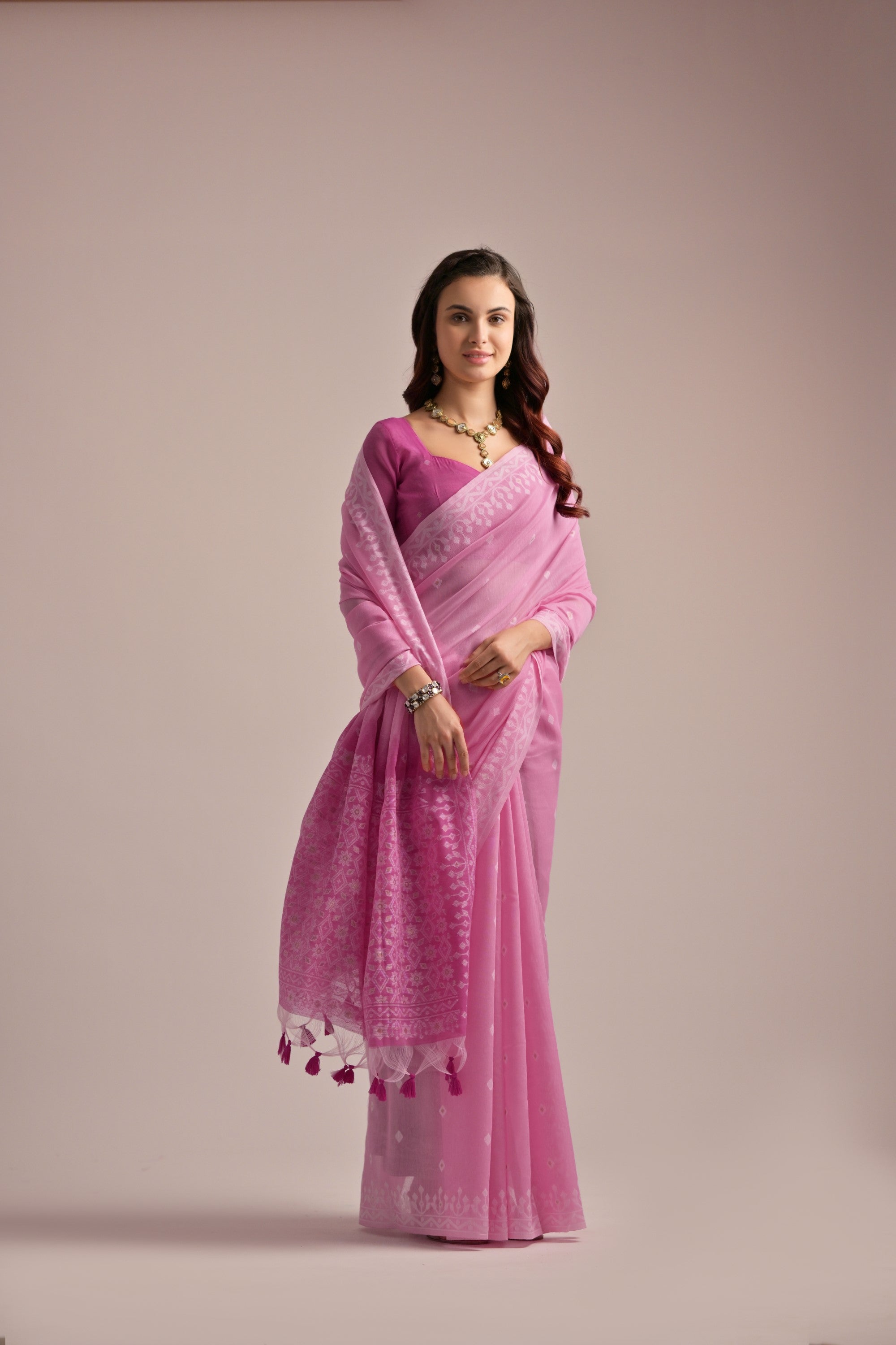 Pink Muga Cotton Saree with Thread Butti and Lakhnawi Pallu