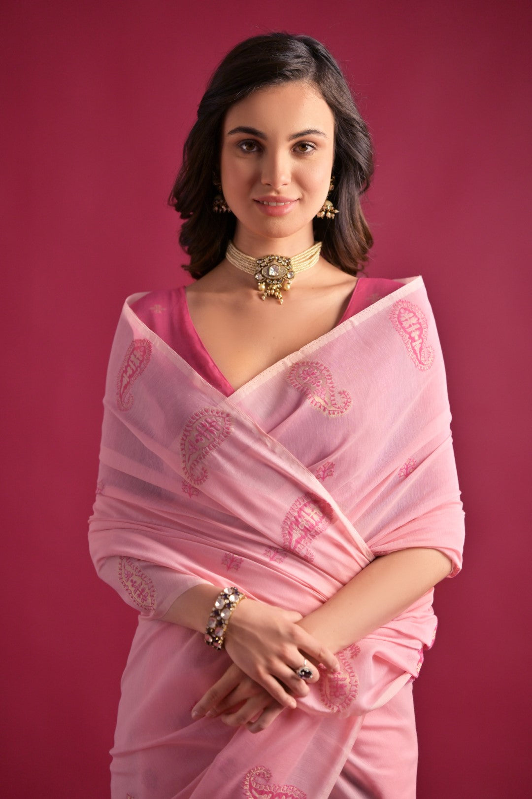 Pink Mul Cotton Saree with Keri Pallu and Butti Weaves