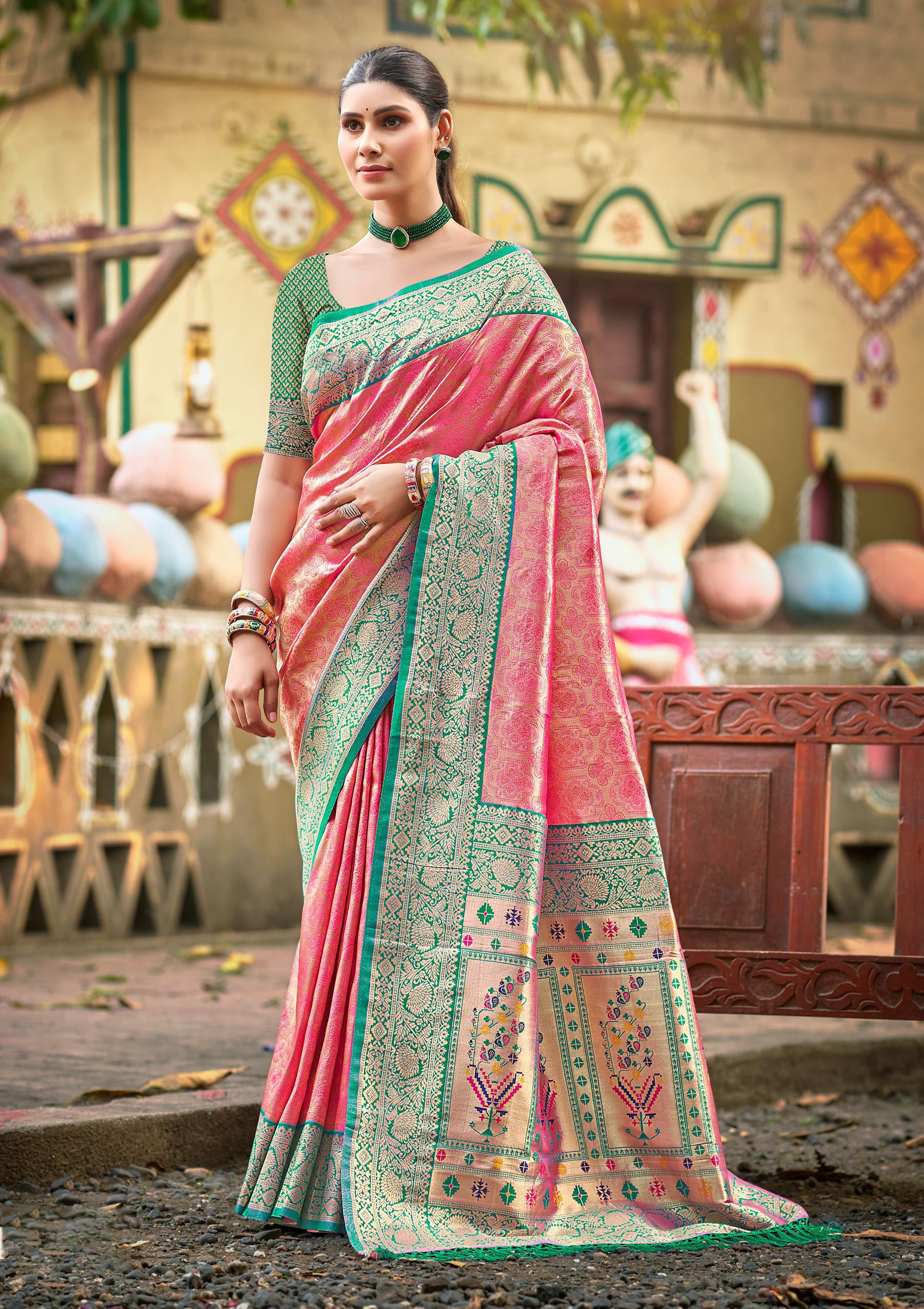 Pink Multi Color Kanjivaram Silk Saree With Effortless Style and Everyday Grace