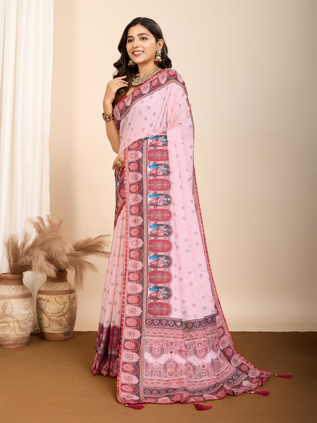 Pink Muslin Cotton Designer Digital Printed Ethnic Ceremonial Saree