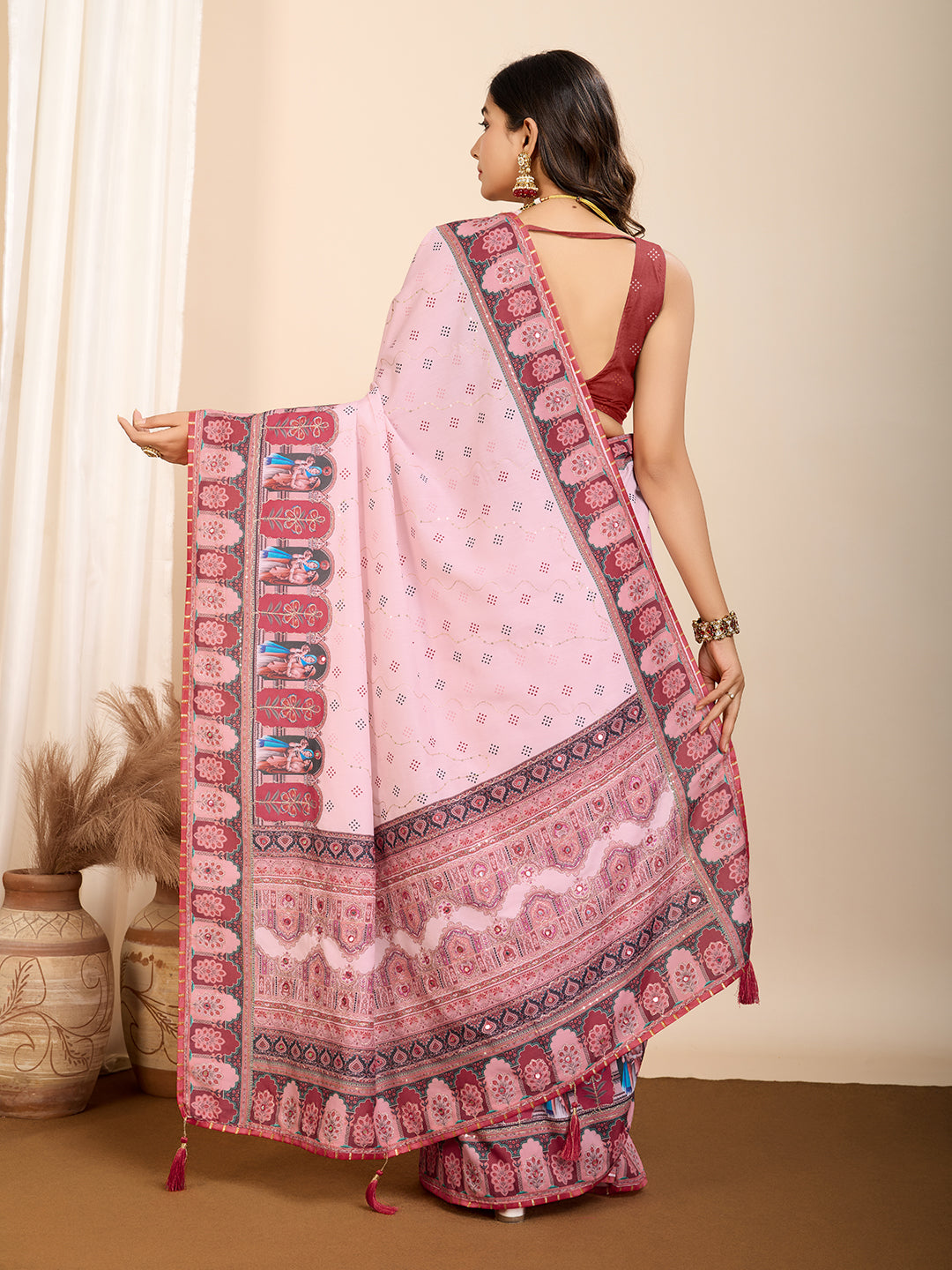 Pink Muslin Cotton Designer Digital Printed Ethnic Ceremonial Saree