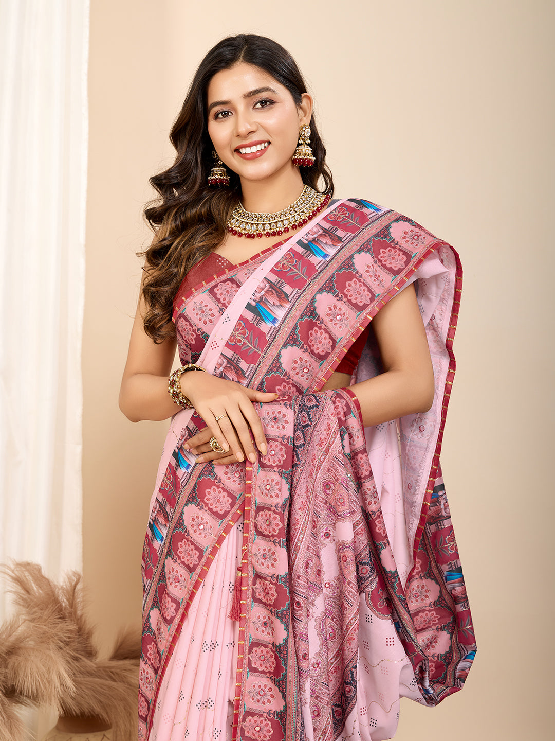 Pink Muslin Cotton Designer Digital Printed Ethnic Ceremonial Saree